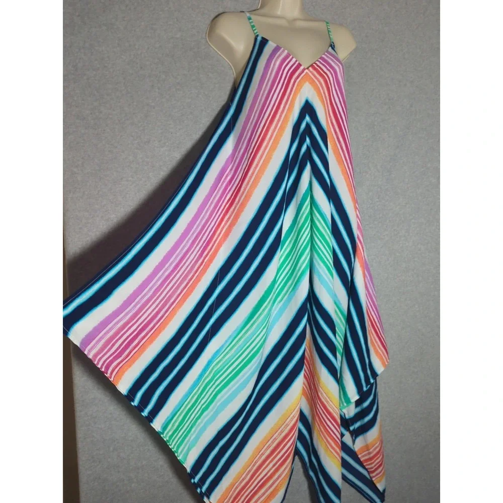 Tommy Bahama Spaguetti Shift‎ Maxi Summer Dress Multi Striped S/M Asymmetrical